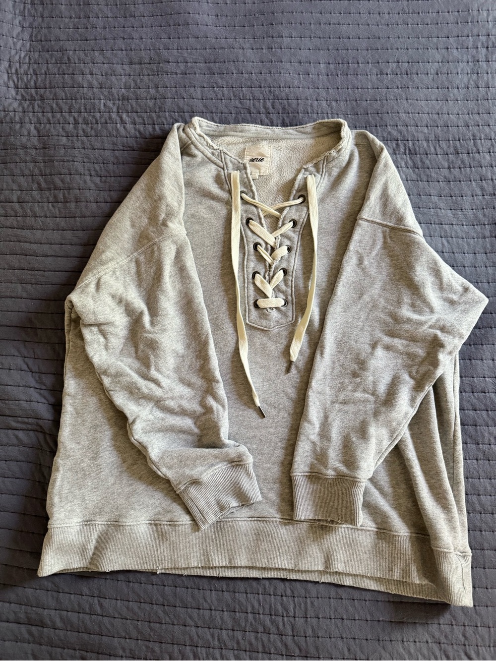aerie Light Gray Lace-Up Pullover Sweatshirt